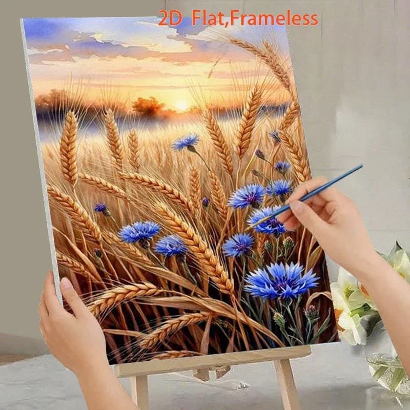 Professional Art Use, 2D/Flat 1pc Frameless DIY Adult Paint by Numbers Kit: Acrylic Painting - Blue Cornflowers Dotted Among Gol