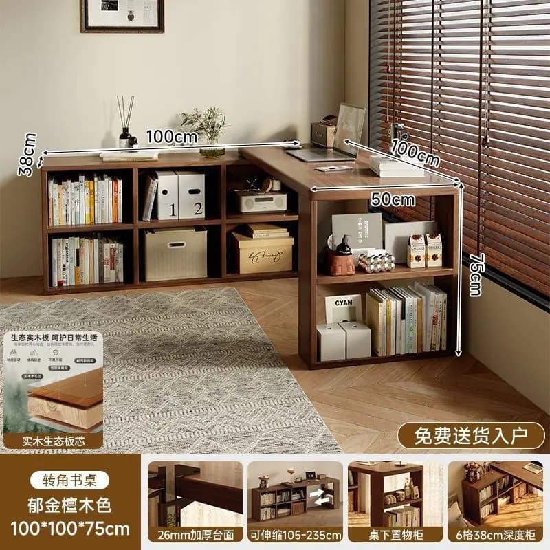 Scrivania per Computer con Libreria Integrata, Scrivania a L per Camera da Letto, Tavolo da Studio ad Angolo in Legno Massello, Scrivania per Laptop Regolabile in Altezza