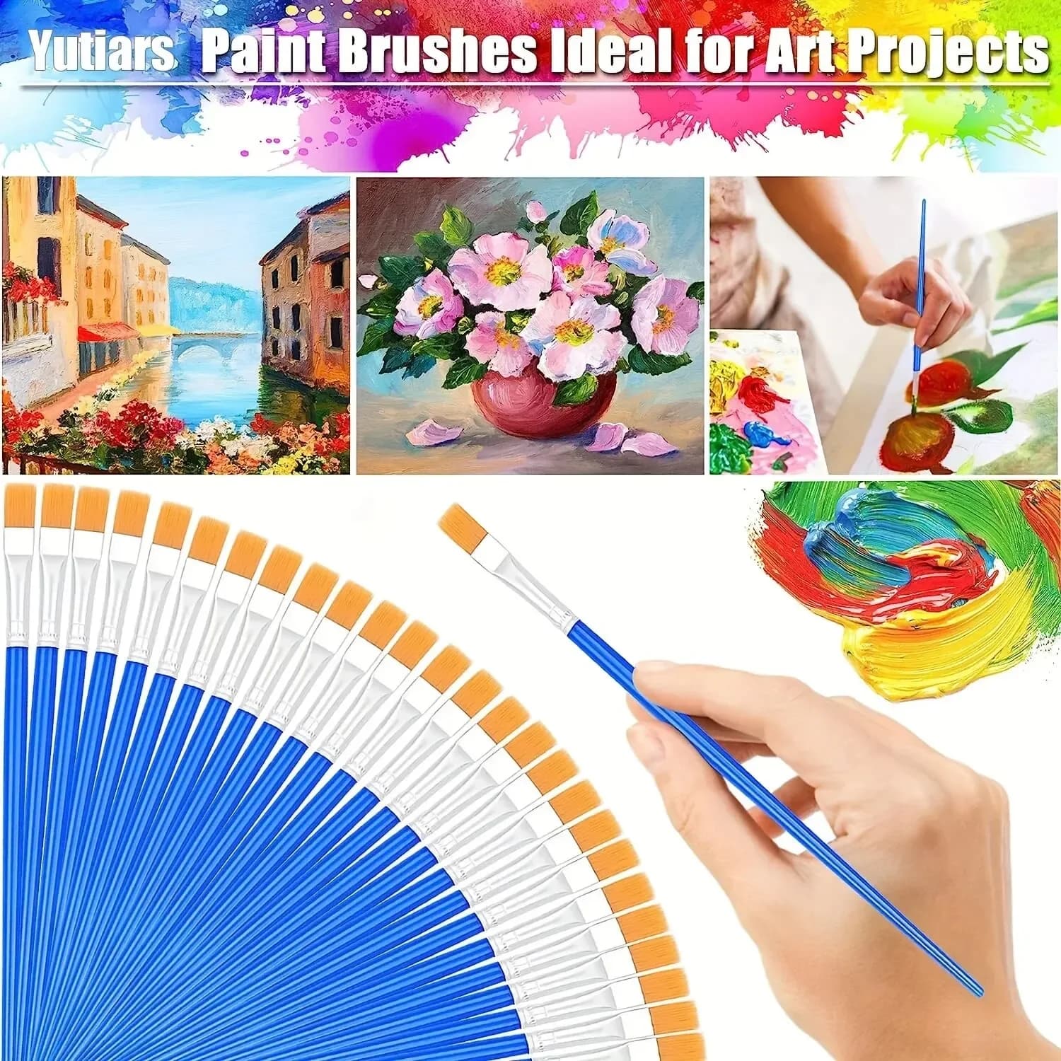 50Pcs Art Paint Brushes Set Round Flat Nylon Hair for Oil Acrylic Watercolor Painting Kids Students Beginners