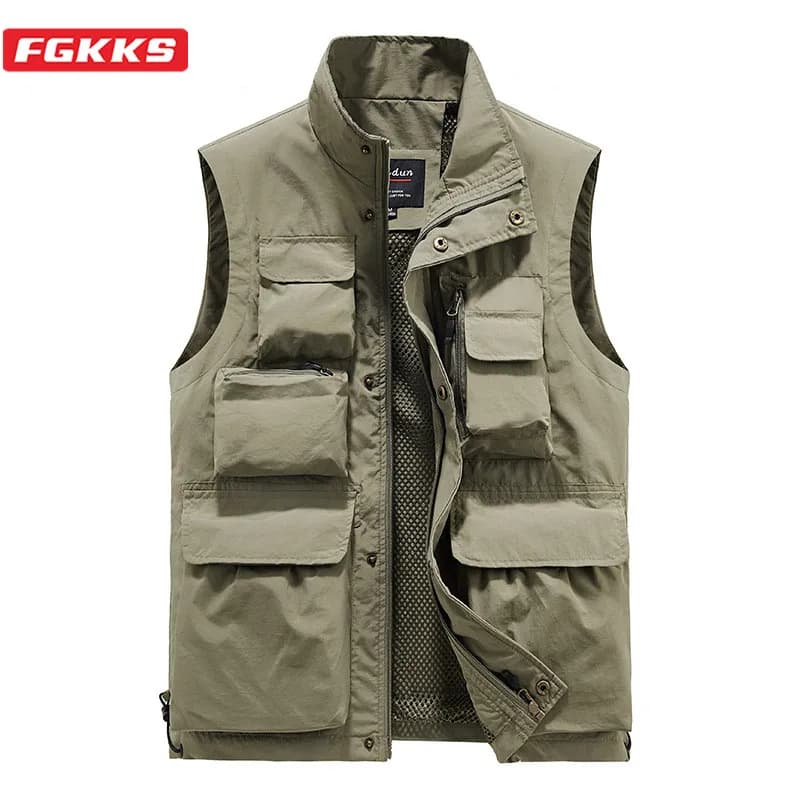 FGKKS Gilet multitasche da esterno da uomo Tinta unita Direttore di pesca Reporter Gilet da lavoro Giacca da gilet fotografico casual
