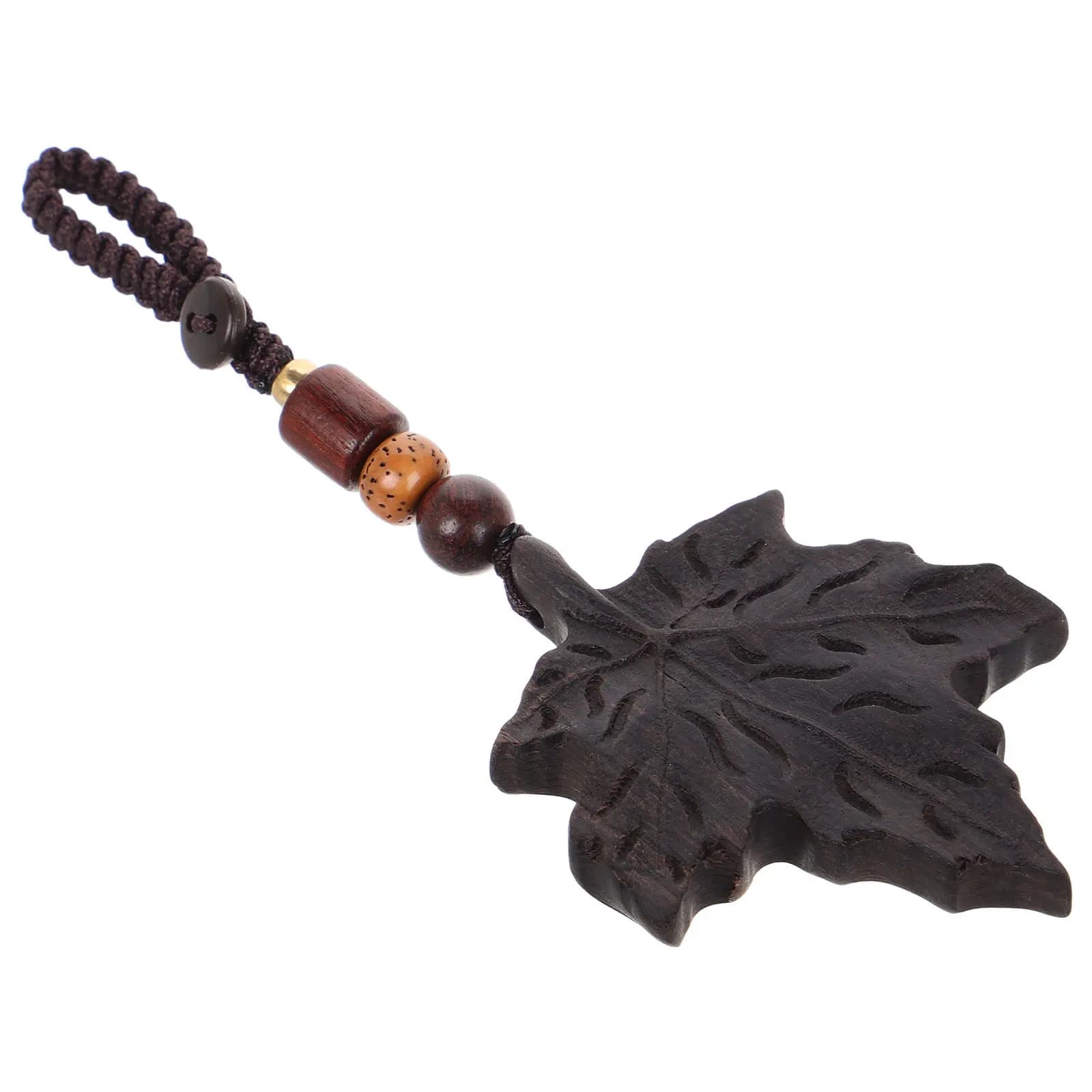 Natural Wood Maple Leaf Pendant Keychain Handmade Leaf Necklace Phone Charm Car Key Holder Wristlet Lanyard Decorative Fall