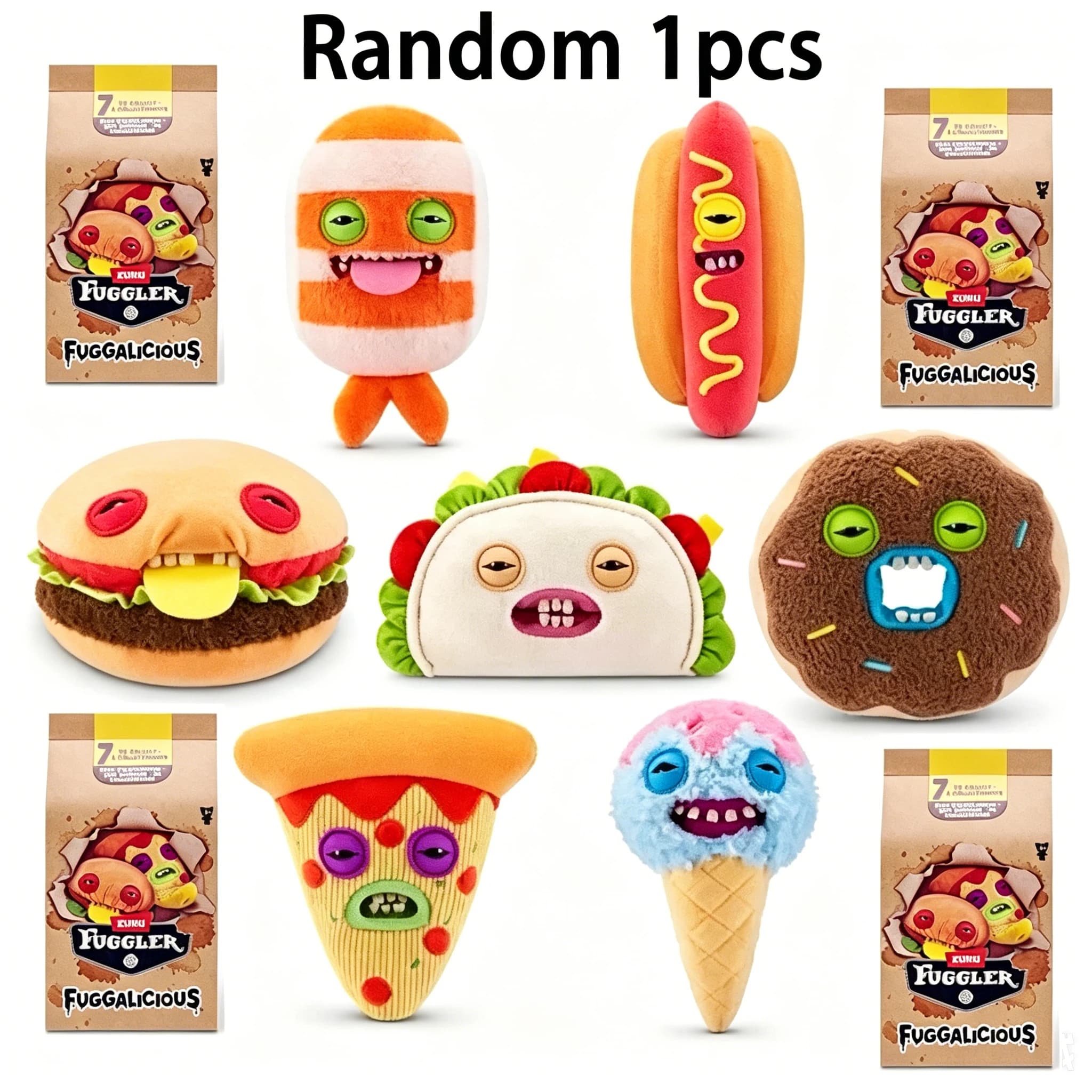 Fuggler Blind Box Toys: Peluche a Tema Cibo (Hamburger, Pizza, Donut, Hot Dog, Tacos) - Accessori Divertenti e Originali, Giocattoli di Tendenza, Regalo a Sorpresa per i Fan