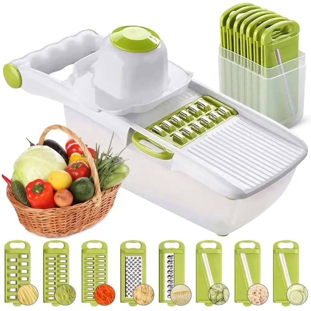 Affettatrice Mandolina per Cucina, Tritaverdure con Contenitore, Tritatutto Multifunzione 14 in 1, 7 Lame per Cipolle e Cetrioli