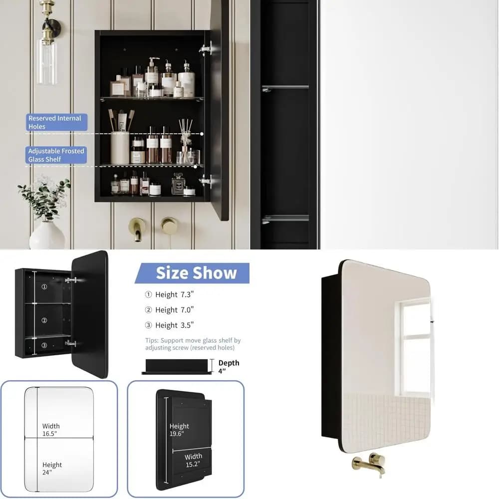 Mobile da Bagno Classico in Legno Nero con Specchio Curvo e Vano Portamedicinali Incassato
