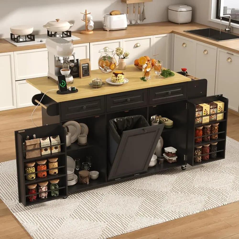 Carrello da Cucina Mobile 62 con Alimentazione Elettrica, Piano Ribaltabile, Contenitore, Cestino, Porta Spezie, Ripiani, Portasciugamani - Ideale per Piccoli Spazi