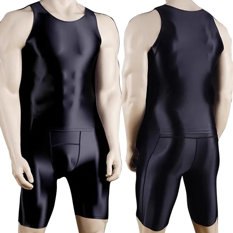 Gilet fitness sottile da uomo Collant completo Pantaloni slim Leggings in raso lucido Streetwear Pantaloncini sportivi Pantaloni a compressione ad asciugatura rapida