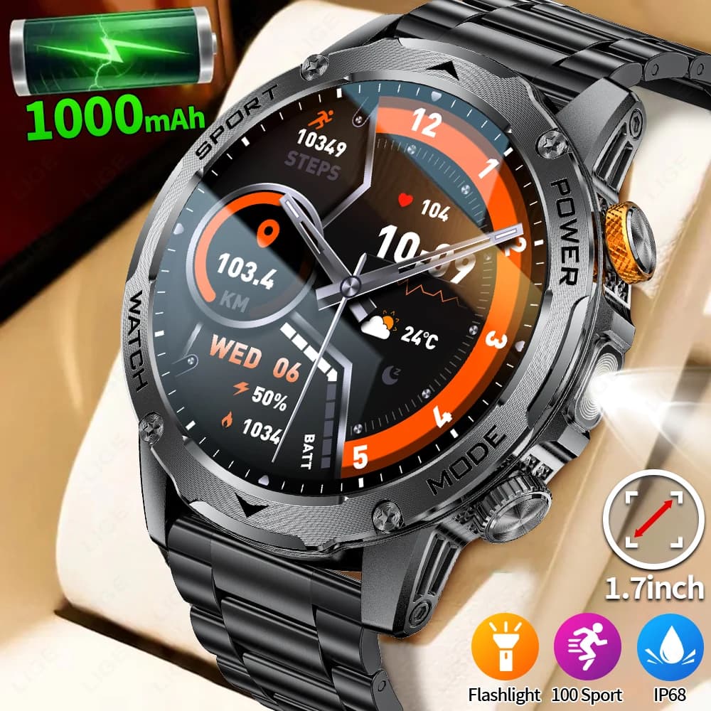 LIGE 1000 mAh Smart Watch Schermo da 1.7 pollici Chiamata Bluetooth Assistente vocale Orologio Sport Fitness IP68 Smartwatch impermeabile per uomo