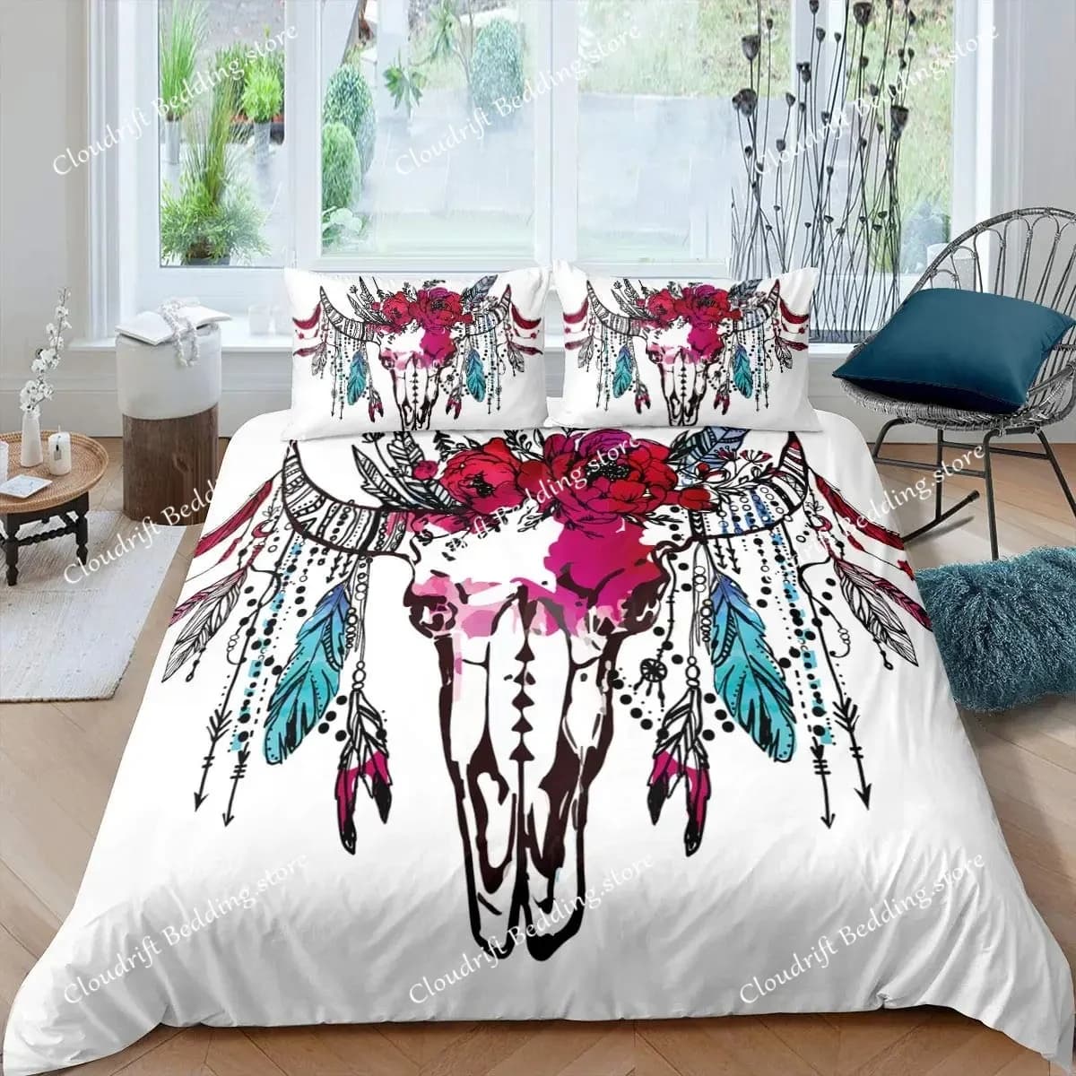 Set copripiumino Bull Skull, set biancheria da letto Boho Chic con piume, set copripiumino Bohemian Exotic Branches Flower per adolescenti, copripiumino King in microfibra