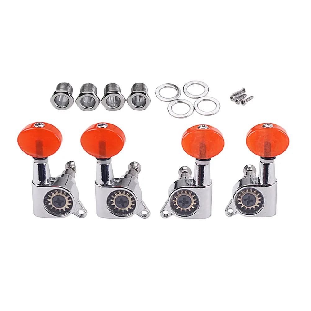 4Pcs Ukulele Machine Heads Tuning Pegs Set Sealed Nickel Plated Metal with Vintage Amber Buttons Includes Ferrules Screws
