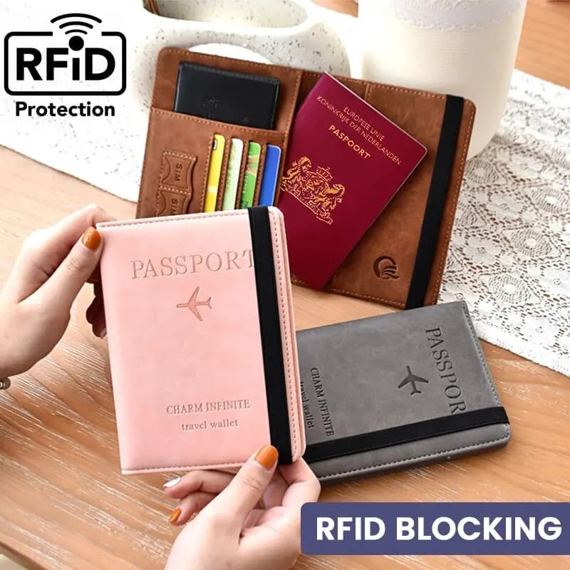Portafoglio porta passaporto RFID per donna uomo Porta carte in pelle PU Custodia per passaporto Elementi essenziali da viaggio per le vacanze in famiglia