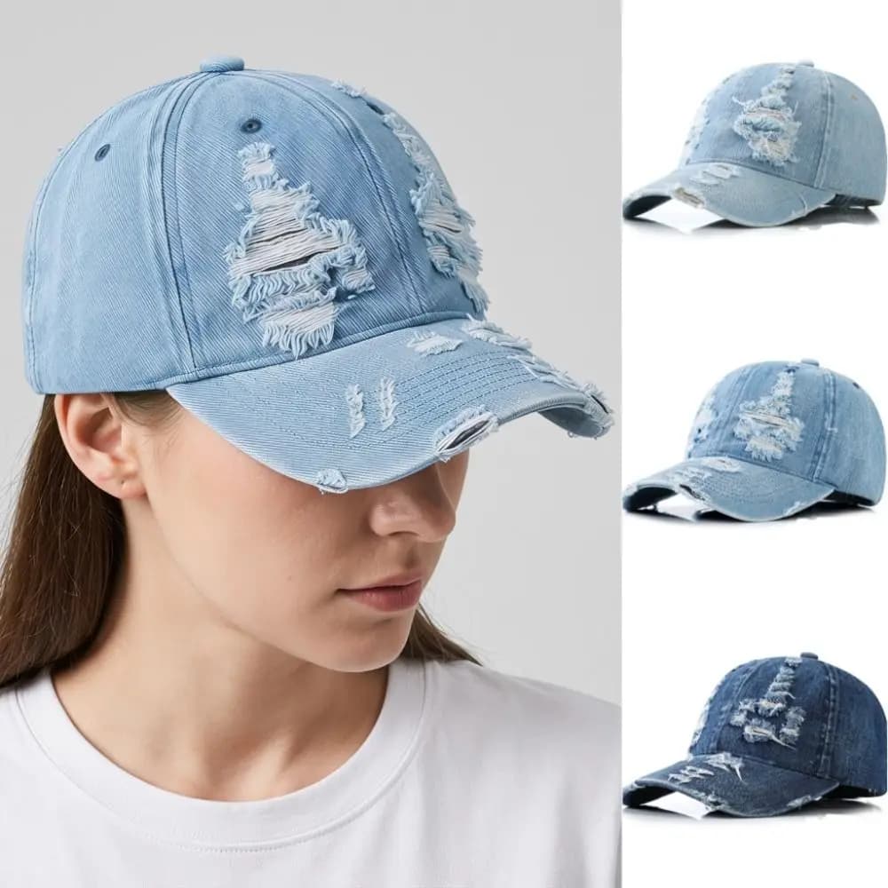 Casual Creative Denim Baseball Cap Cotton Adjustment Sunscreen Hat Fashion Distressed Design Sunshade Hat Summer