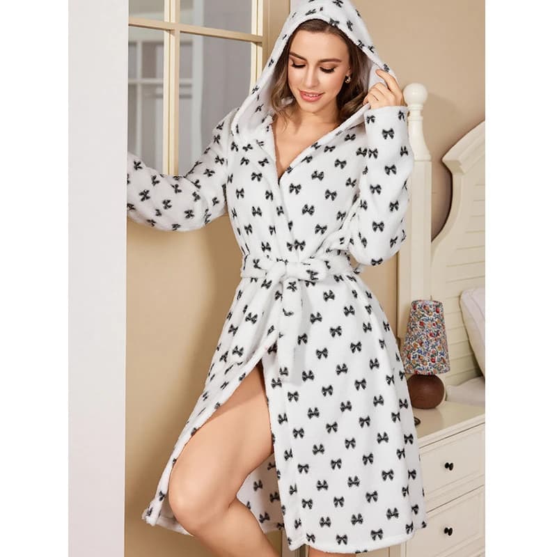 Nuovo vestaglia in velluto double face vestiti per la casa accappatoio in peluche a maniche lunghe con stampa fiocco da donna con cintura vestaglia calda invernale