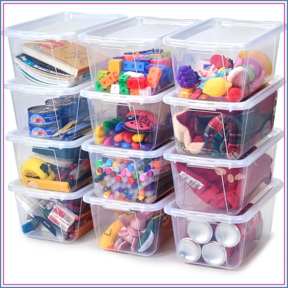 6 Quart Storage Bins with Lids, Plastic Latching Box for Classroom & Kids Toy Storage, Stackable Shoe Box Size Containers for Crafts & Building Blocks (12, Clear)