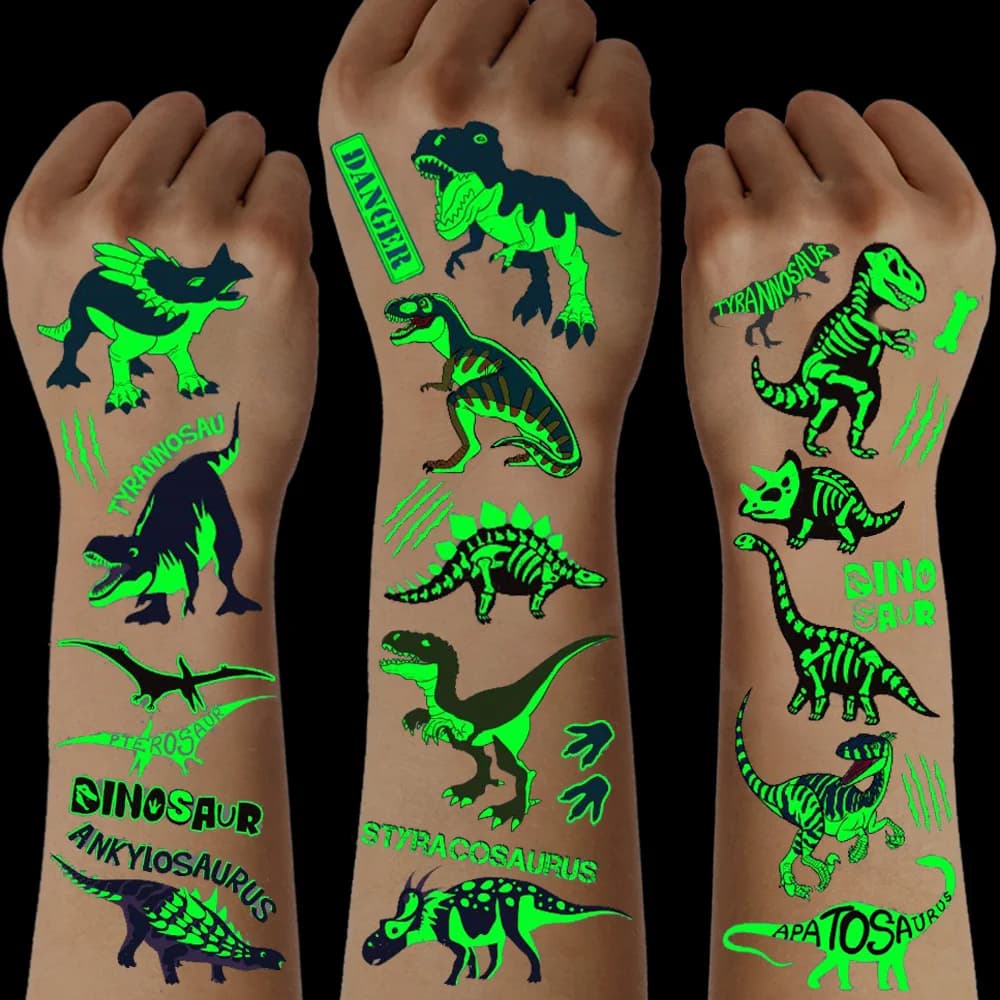 10 Sheets Luminous Dinosaur Temporary Tattoos, Waterproof Glow In The Dark T-Rex Pterosaur Velociraptor Triceratops Stegosaur De