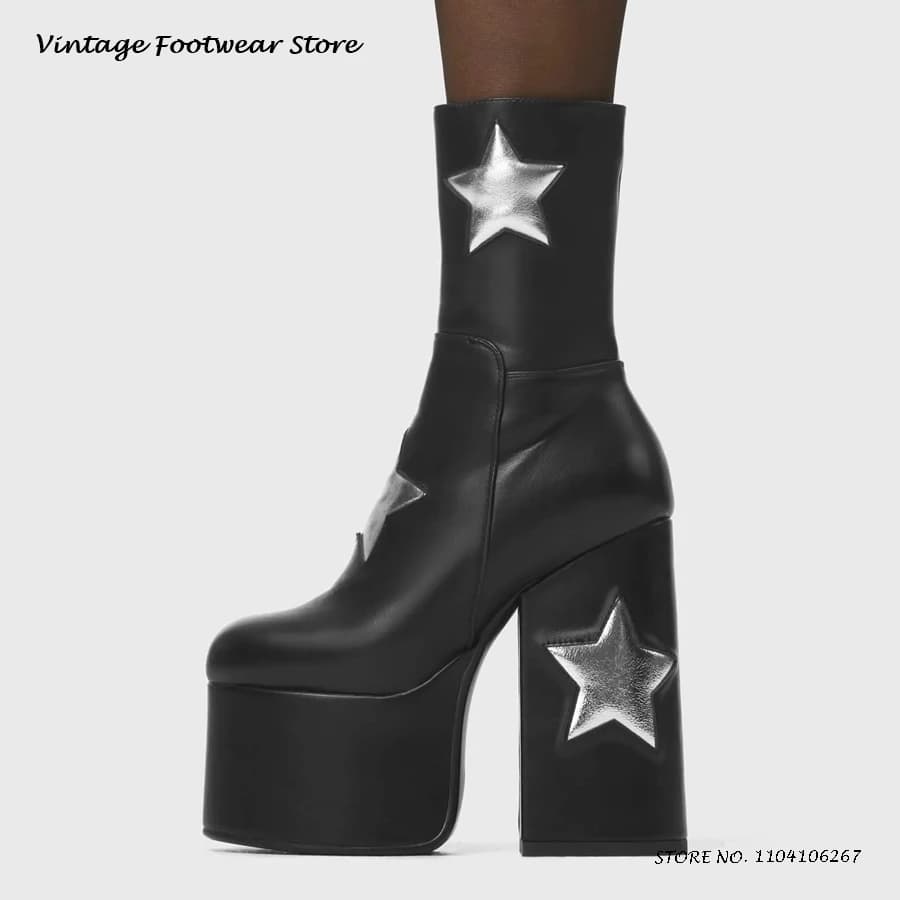 Stivaletti con plateau con stampa stelle Punta tonda casual Tacco grosso Scarpe con rialzo in altezza Stivaletti in pelle con cerniera laterale stile punk Y2K