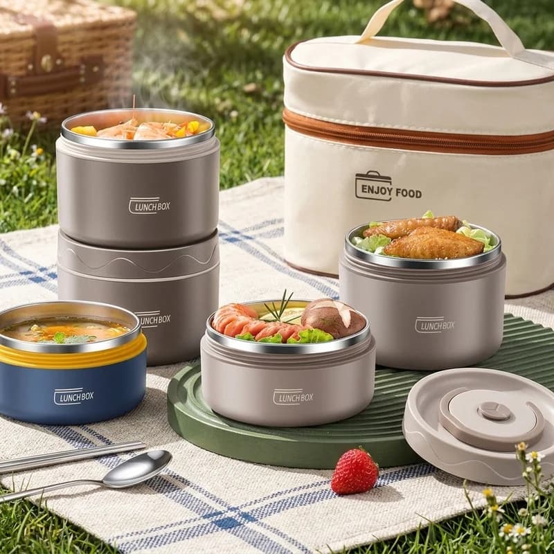 Portable 304 Stainless Steel Thermal Lunch Box Double Layer Food Container Leakproof Lid for Office School