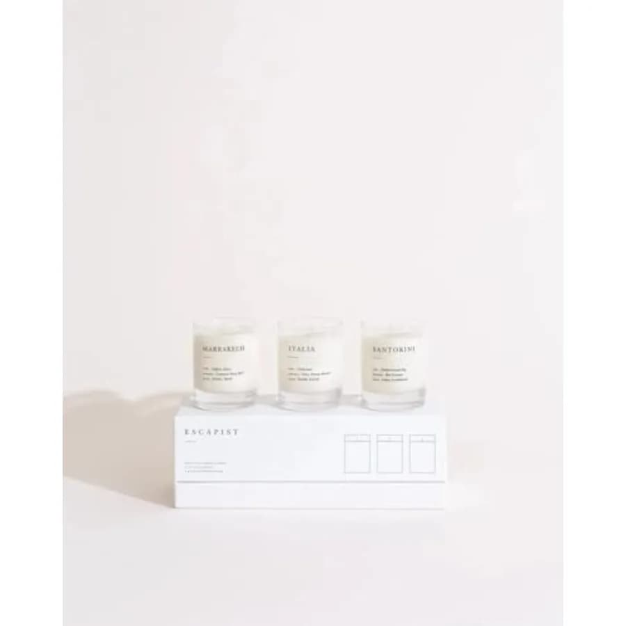 Set Regalo Mini Candele - Set di 3 Candele Votive in Soia da 3 oz, Realizzate a Mano, Aromi Terrosi e Caldi: Santorini/Italia/Marrakech, Durata 20 Ore Ciascuna