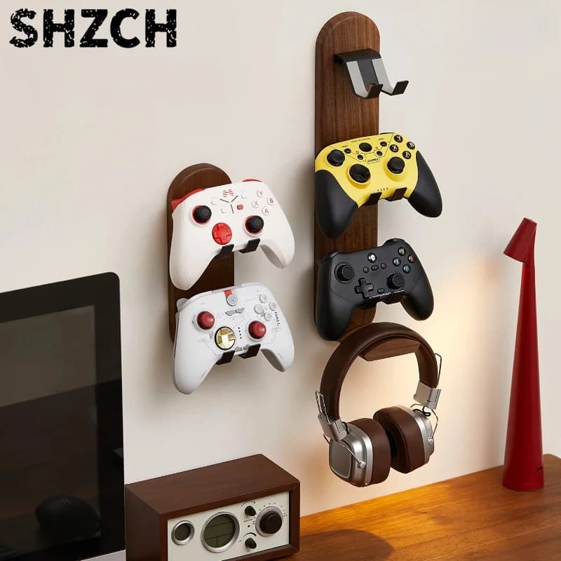 Metal Game Controller Stand for PS5 and Switch, Wall Mount Headphone Holder with Wooden Base, Universal Gaming Accessory