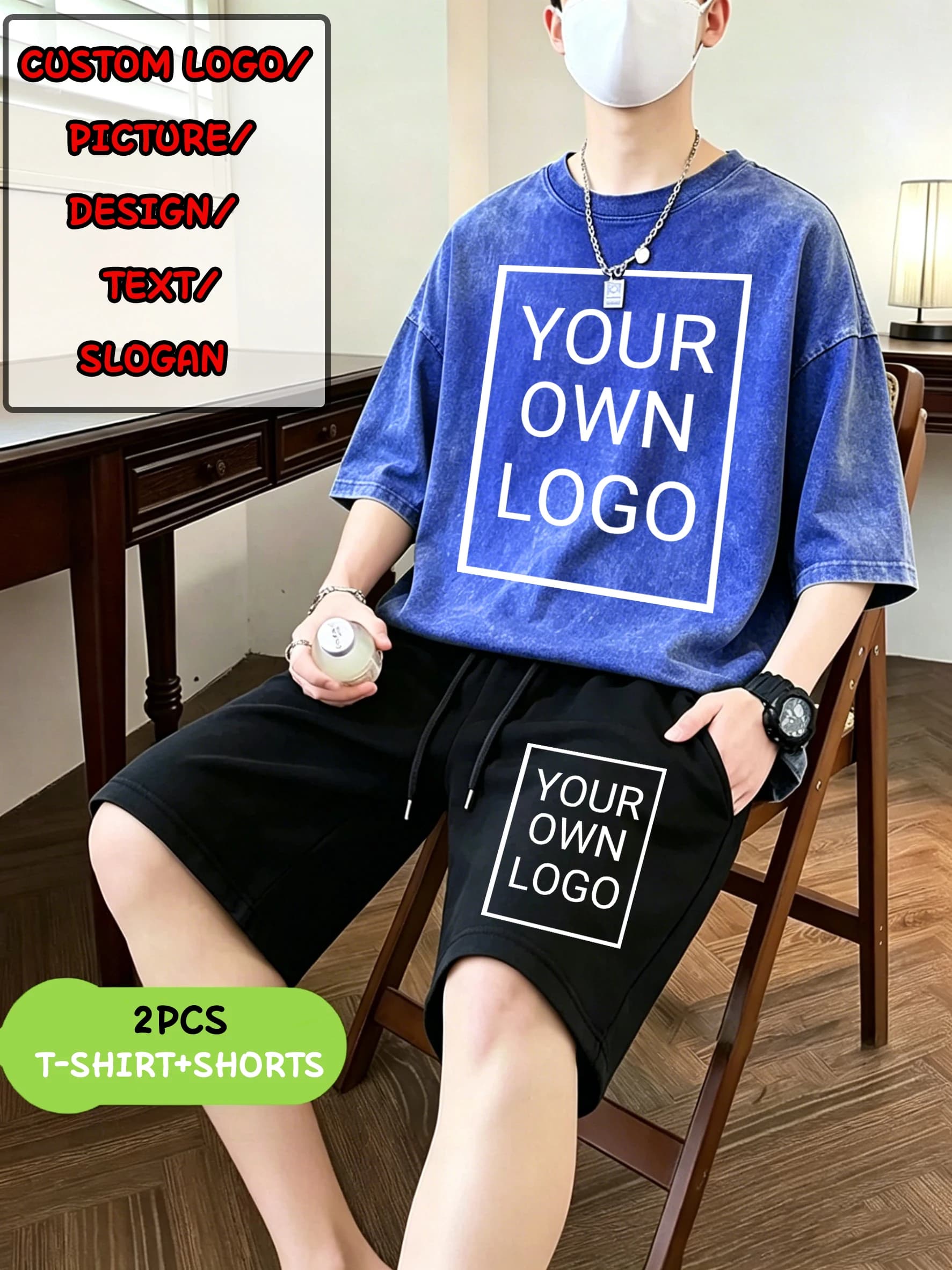Customized Your Logo Pattern Design Men's Washed T-Shirt Suit O-Neck Cotton T-Shirt Drawstring Summer Short Pants Pocket Pant