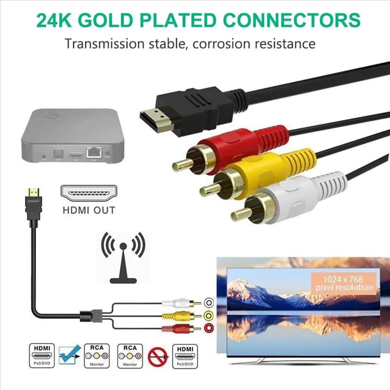 Cavo ROO compatibile HDMI a RCA, 1080P 5Ft/HDMI compatibile maschio a 3 RCA Video Audio Cavo AV Adattatore connettore per TV HDTV