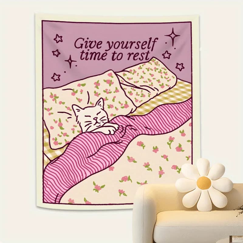 VIKAMA Carpet with Pink Cat Pattern, Soft Floor Mat with Quote, Hot Striped Floral Pattern, Cosy Decorative Carpet for the House and Bedroom