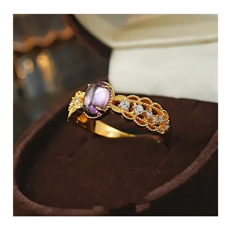 Anello Cavo con Superficie a Uovo, Finitura Diamantata Viola, Incastonato con Diamanti ad Alto Contenuto di Carbonio, Design di Nicchia di Lusso Leggero, Stile Antico Medio
