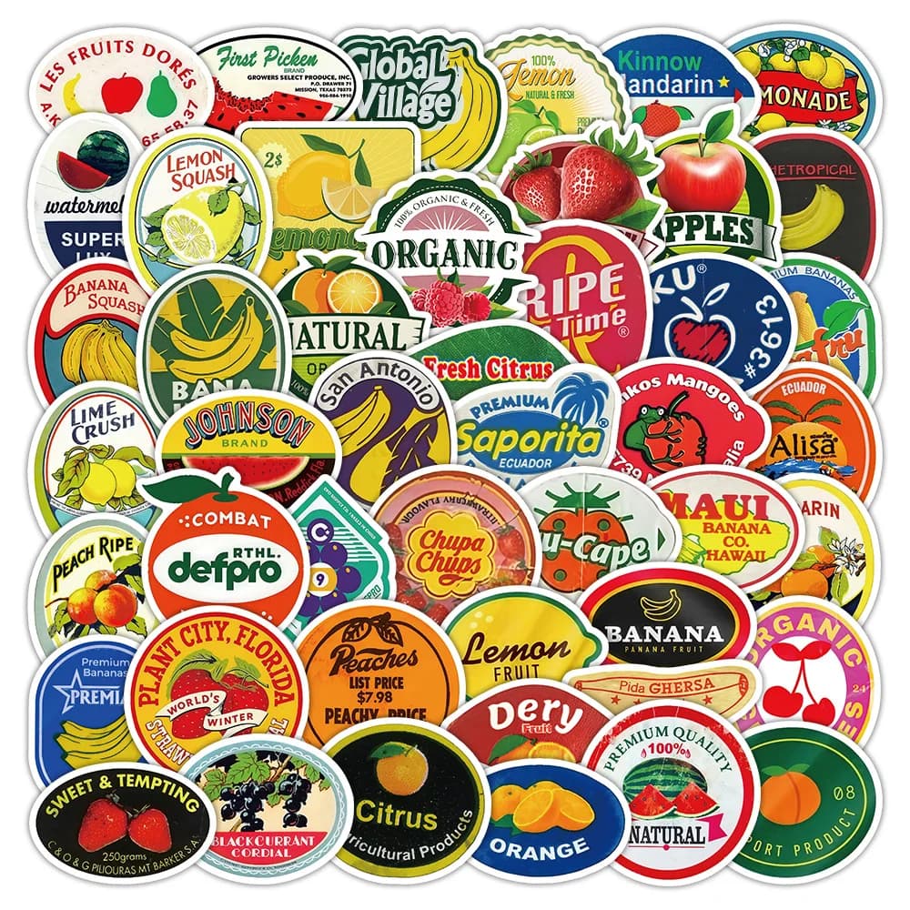 Pack of 50 stickers for vintage fruit decals Laptop Mobile Phones Car Cameras Helmets Wall decal DIY Graphics waterproof creative