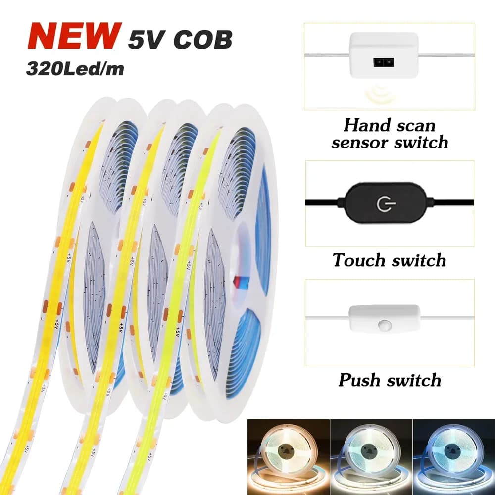 Super luminoso USB DC 5V COB LED Strip Light pulsante/touch/interruttore di scansione manuale 320 LED/M alta luminosità 1-5M per armadioTV cucina