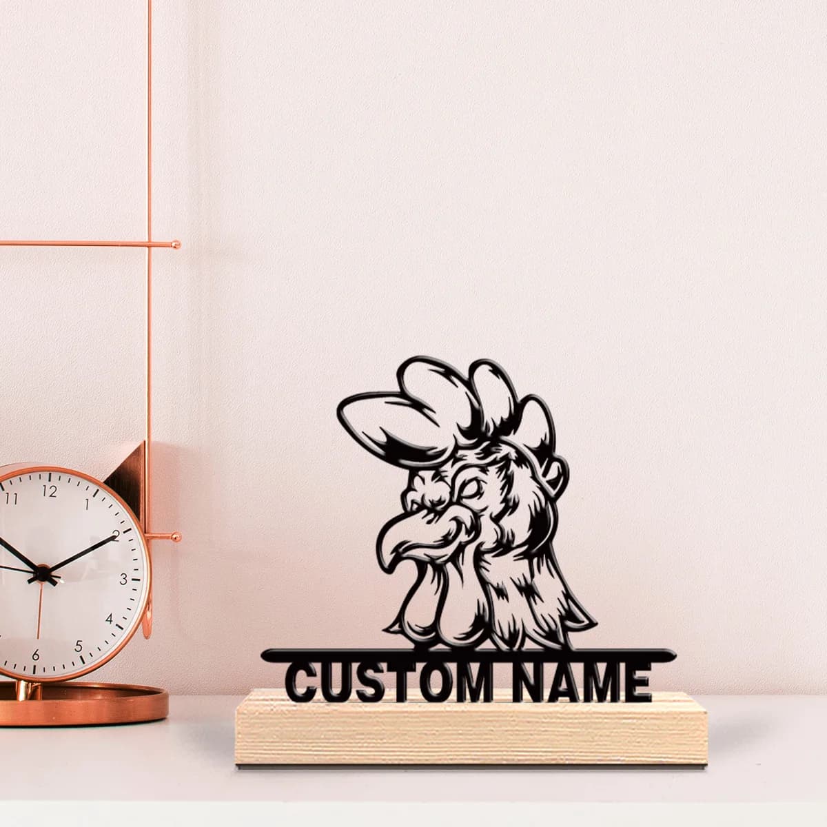 Statua in Metallo Personalizzata a Forma di Testa di Gallo con Base in Legno, Decorazione da Tavolo per Casa e Giardino