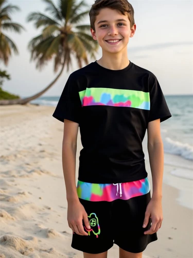 Costume da bagno per bambini 2026 Nuovo gradiente maniche corte Costumi da bagno per bambini Estate Adolescente Costume da bagno da spiaggia in due pezzi Nuoto