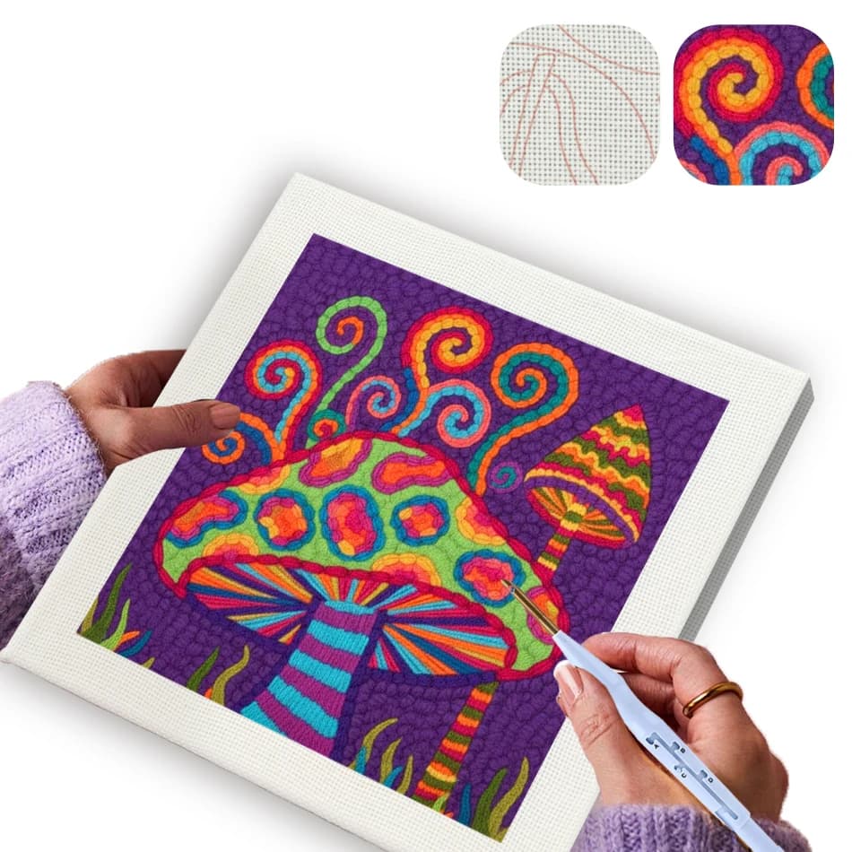 GATYZTORY punch needle embroidery Mushroom Abstract 25x25cm with frame Bold Neon embroidery kit for beginners Yarn stitch set