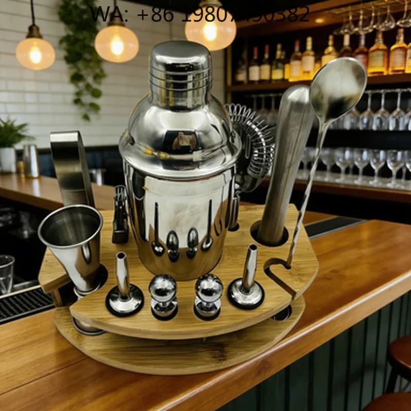 12Pcs Cocktail Mixing Kit 750ml Boston Shaker Full Bar Accessories With Natural Bamboo Stand For Small Apartment Mini