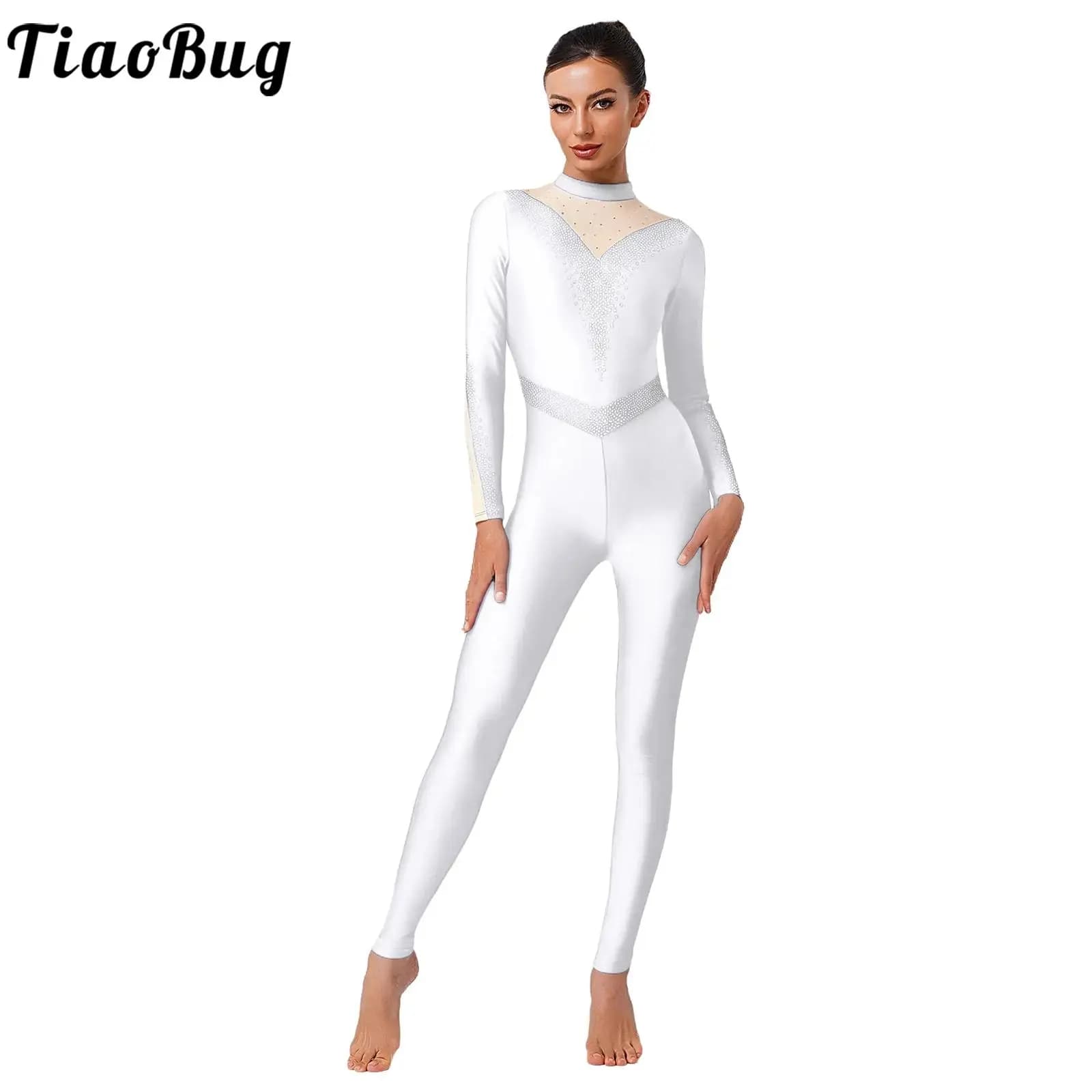 Donne Danza Ginnastica Ritmica Body Tute Complete Strass Manica Lunga Zip Tuta per Pattinaggio di Figura Balletto Dancewear