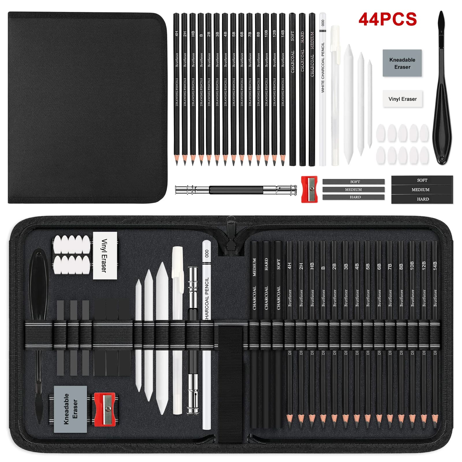Drawing Kit Sketching Pencils Set,Portable Zippered Travel Case-Charcoal Pencils, Sketch Pencils, Charcoal Stick,Sharpener,etc