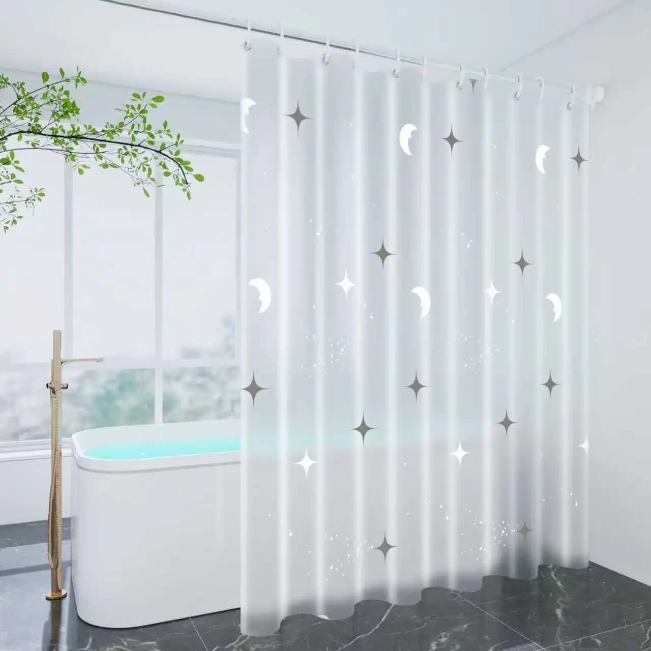 Tenda da doccia con motivo galassia stelle e luna, design caldo e accogliente, pieno di atmosfera, tenda divisoria per doccia da bagno