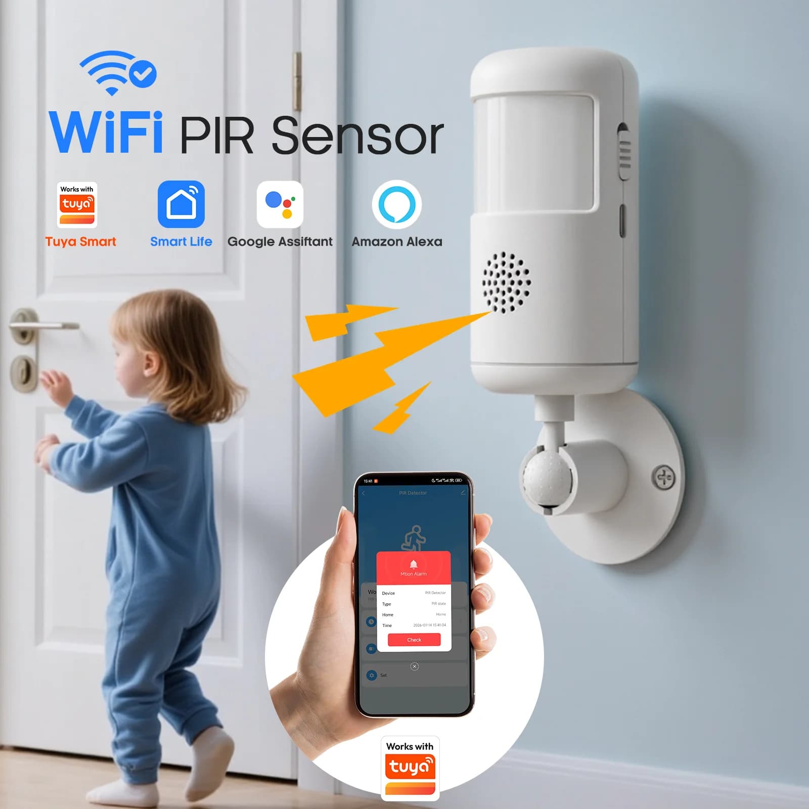 Sensore di movimento PIR WiFi Tuya da 120 dB con 4 modalità di allarme, compatibile con Amazon Alexa e Google Assistant.