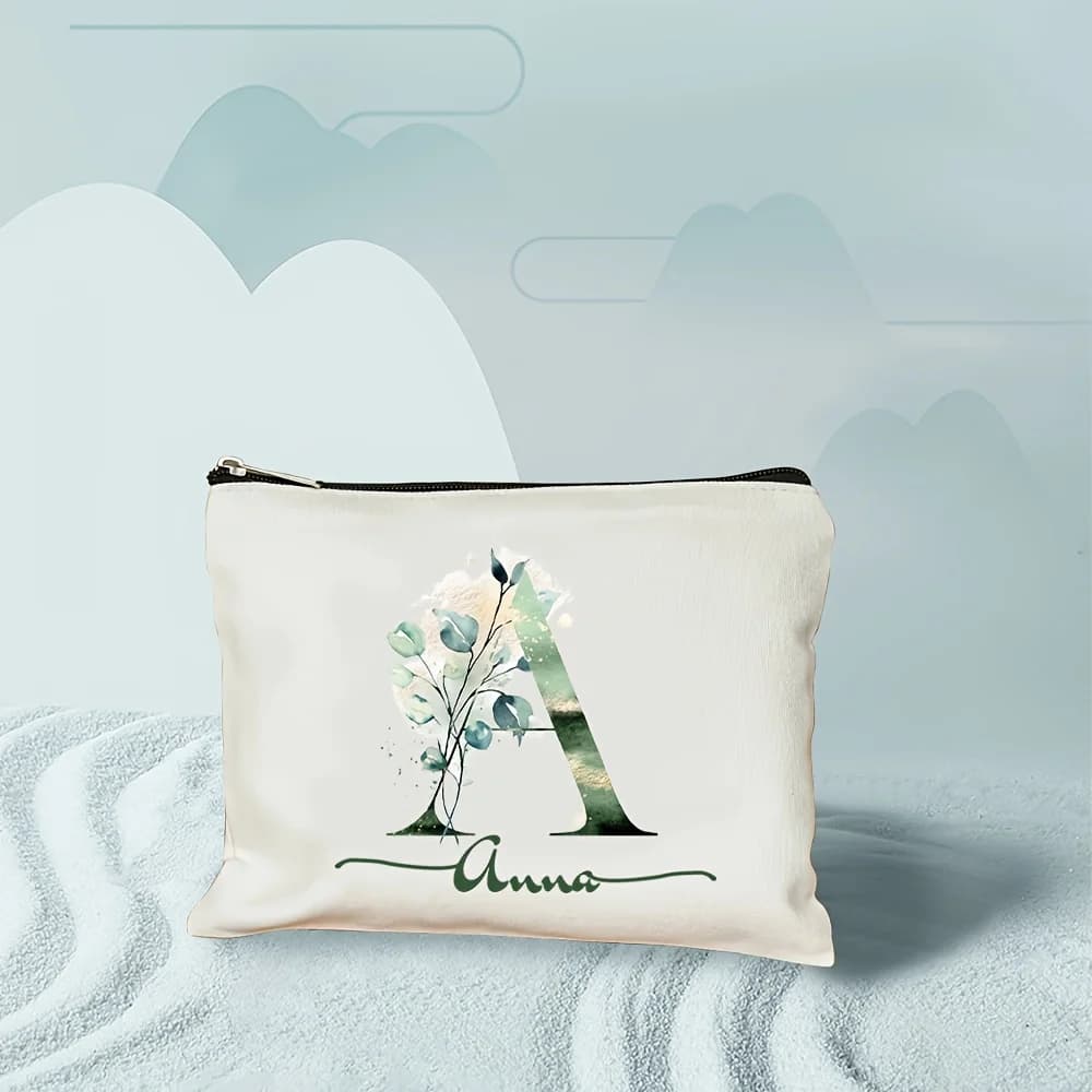 Custom Makeup Bag Green Rose with 26 Letters Simple and Elegant Love Party Gift Exquisite Travel Makeup Pouch with Zipper