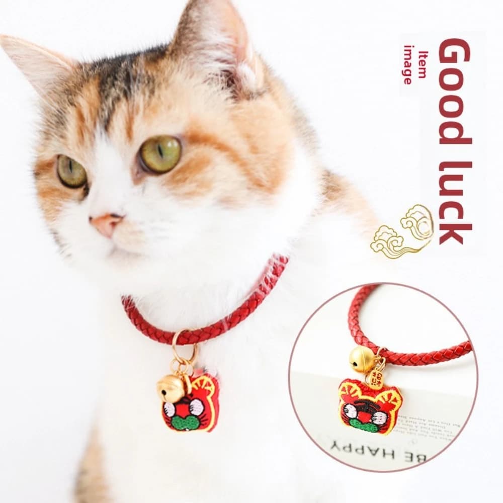 Lucky Tiger Head Amulet Pet Collar, Sand Gold Braided Necklace for Cats Dogs, New Year Festive Pet Accessory Kittens Puppies