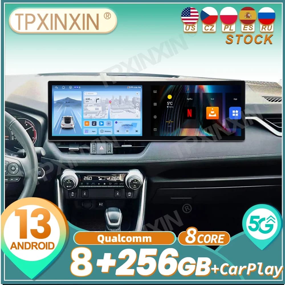 For Toyota RAV4 2020~2024 Qualcomm Android Carplay Dual Screen Car Radio Stereo Automotive Multimedia Player GPS Navi Head Unit