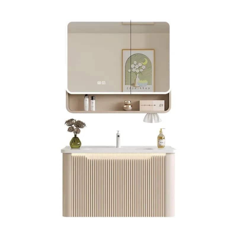 Cream Curved Wall Mounted Ceramic Basin with Shelf and Mirror Compact Bathroom Sink Combo for Small Spaces
