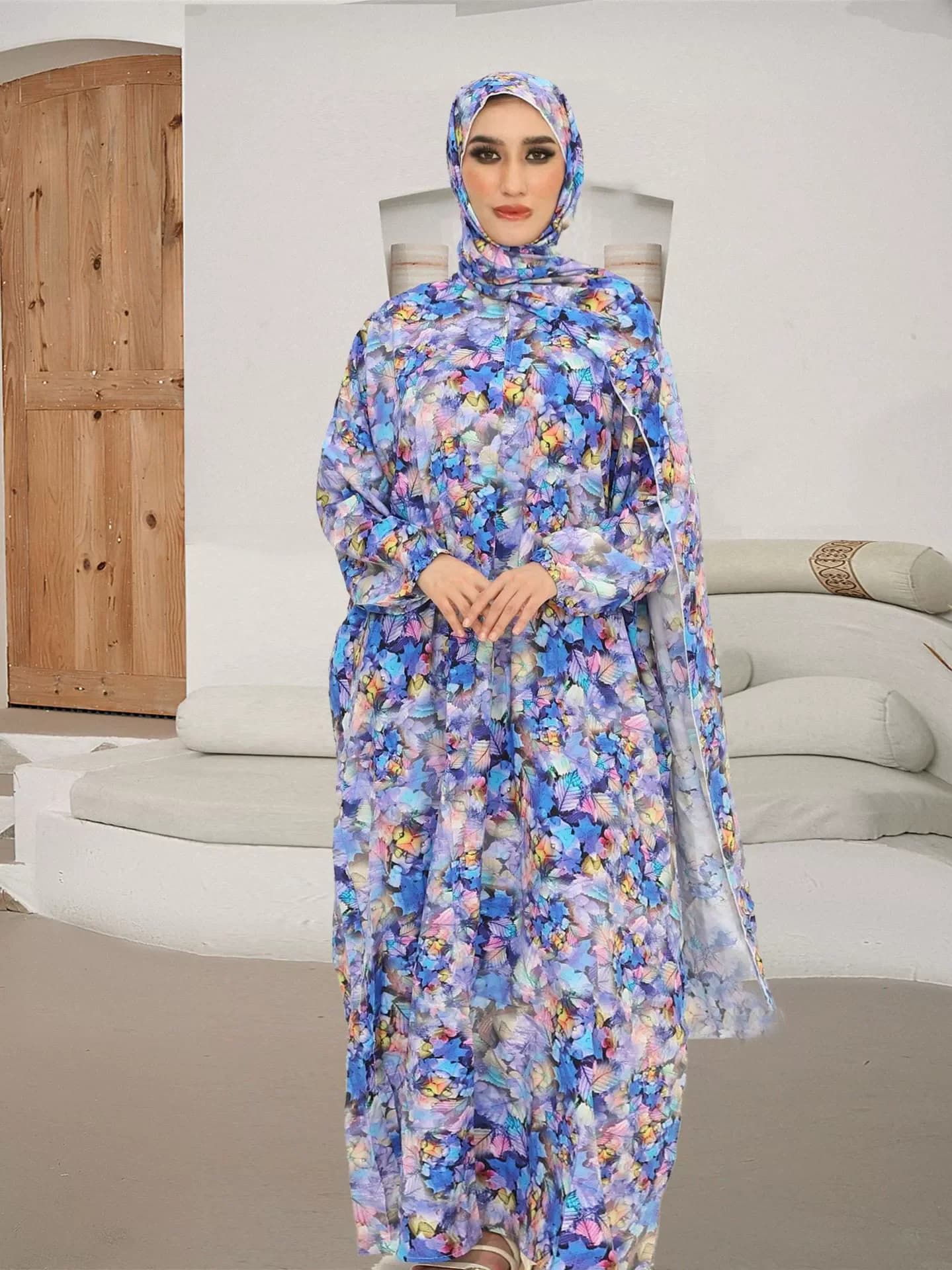 New Women's Clothing Dubai Strong Size Long Mideast Muslim Women's Dress, Fashionable Prayer Dress Integrated with Traditional Scarf