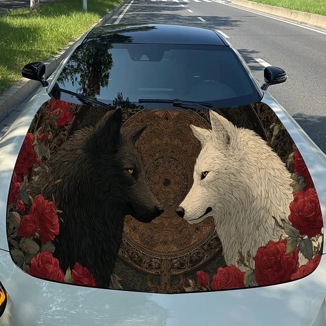 Classic Red Rose and Wolf Pair - Dreamcatcher Auto Cover Sticker, Waterproof and Self-adhesive Auto Hood Decal, Auto Vinyl Wraps
