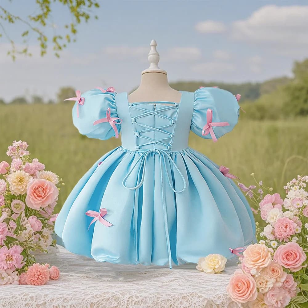 Abito da bambina azzurro cielo, gonna rosa con design a fiocco piccolo, design elegante, adatto per regali di compleanno, feste di compleanno