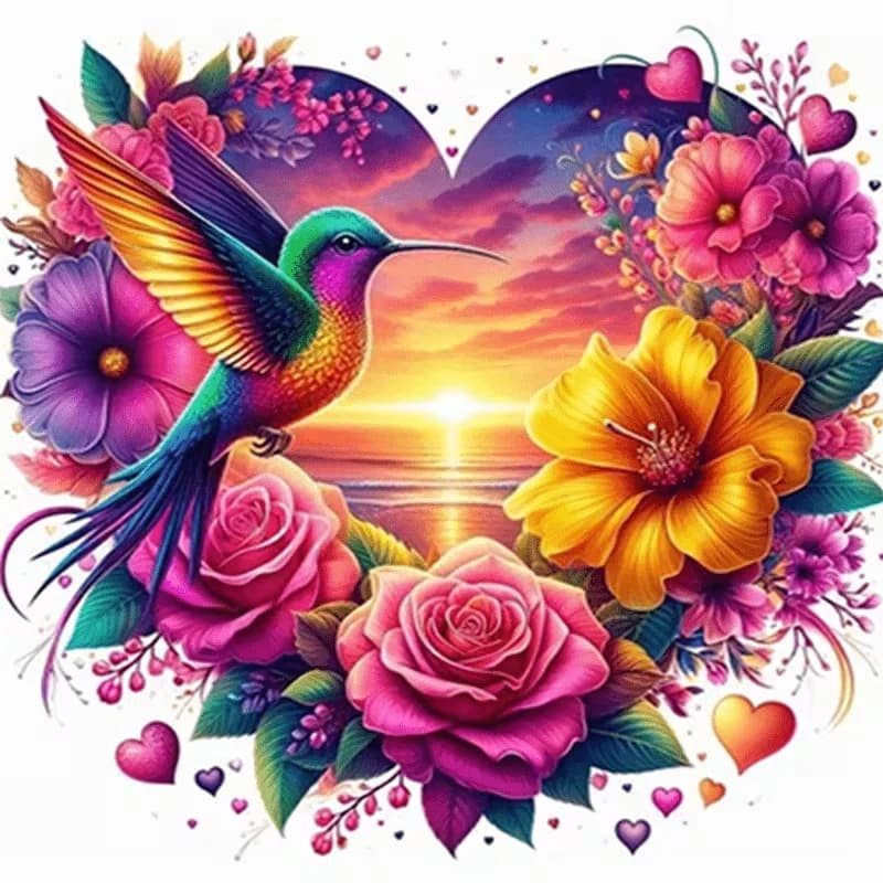5D Diamond Painting Set - Heart shaped Flower Frame Hummingbird Sunset Pattern, Round Diamond Beads and Vibrant Colors