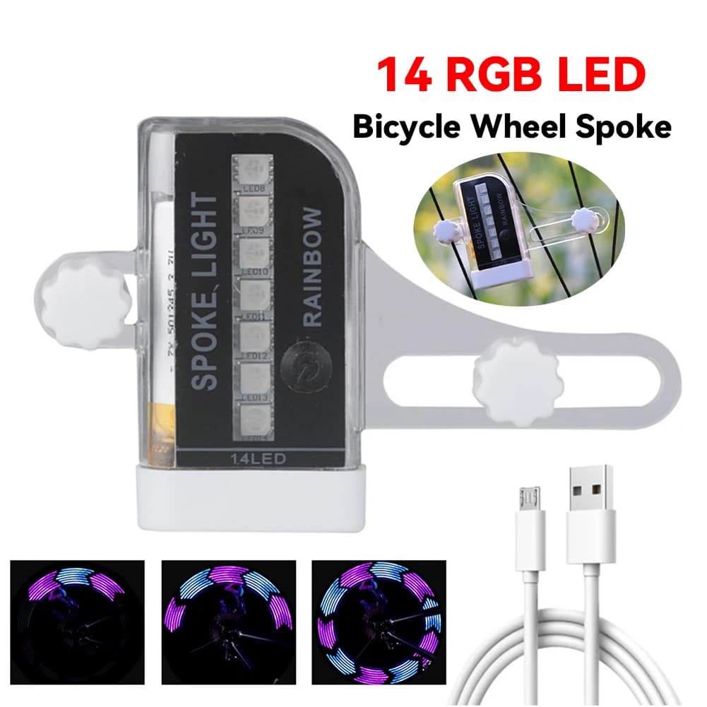 MTB Road Bike Warning Lamp with Rechargeable LED Bicycle Wheel Ray Light via USB 14 RGB