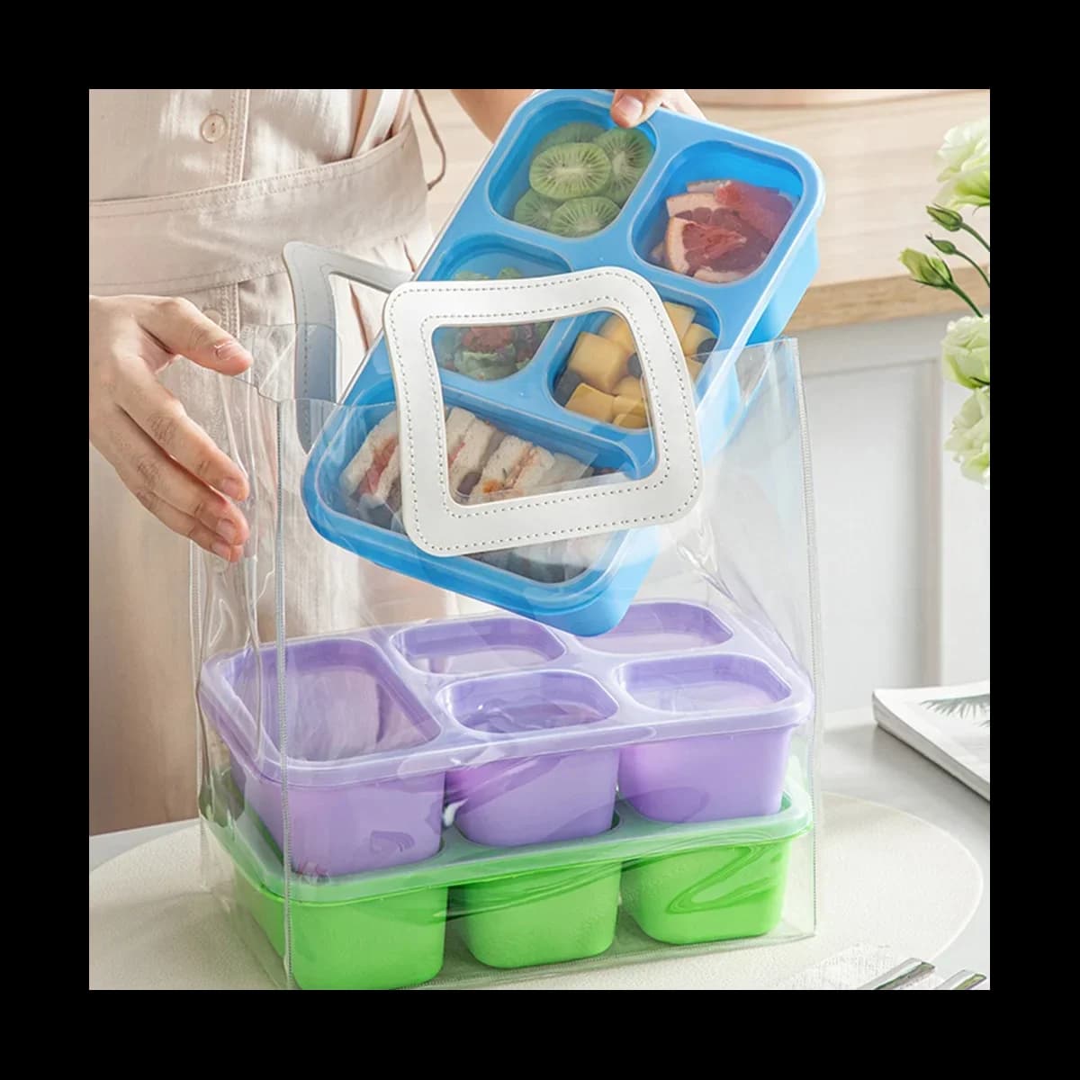 Bento Box Lunch Box per adulti 4 pezzi, contenitore per la preparazione dei pasti a 5 scomparti, conservazione degli alimenti riutilizzabile con coperchio trasparente B