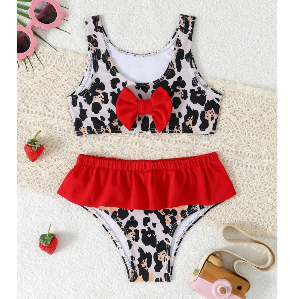 Costume da Bagno Due Pezzi per Bambine con Stampa Leopardata, Bikini a Vita Alta con Fiocco per Bambine 4-7 Anni, Abbigliamento da Spiaggia