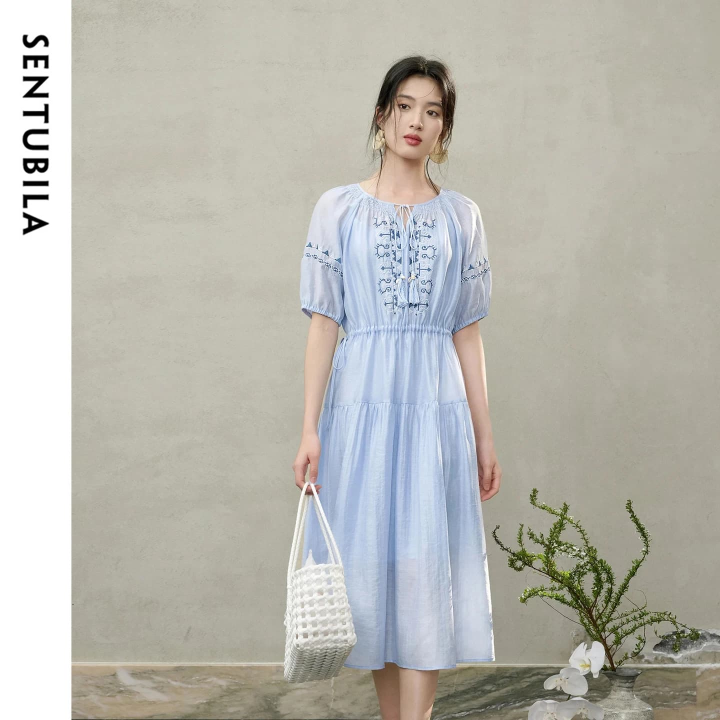 SENTUBILA Set Due Pezzi Boho da Donna, Abito Camisole Tinta Unita con Ricami e Nappe, Vestito Midi con Maniche Corte e Lacci 162LI5941
