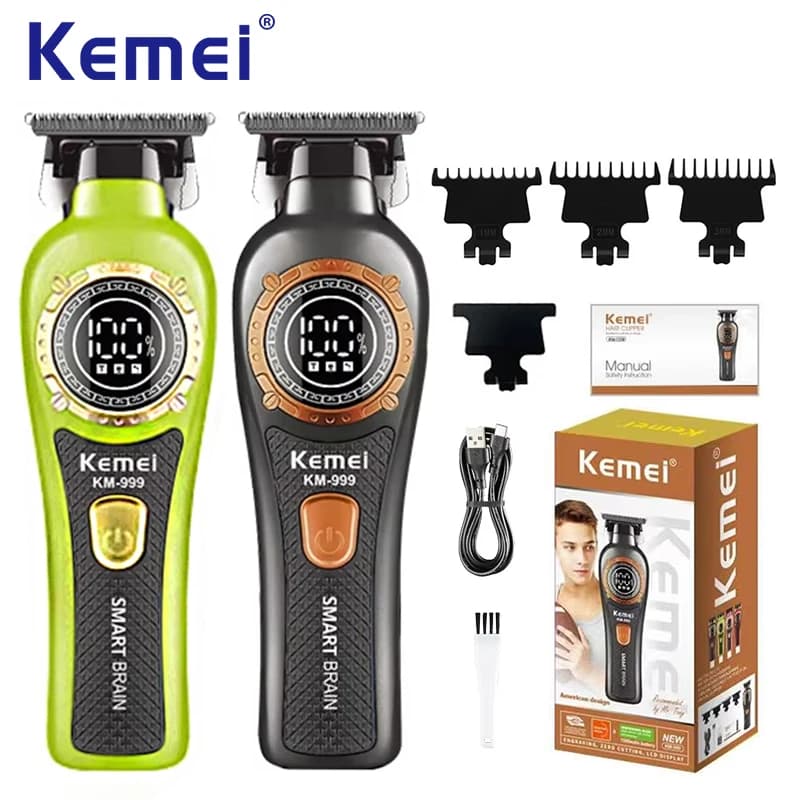 Kemei KM-999 Hair Trimmer for Men DLC T-Blade Zero Gapped LED Display Cordless USB Professional Hair Clipper Finishing Machine