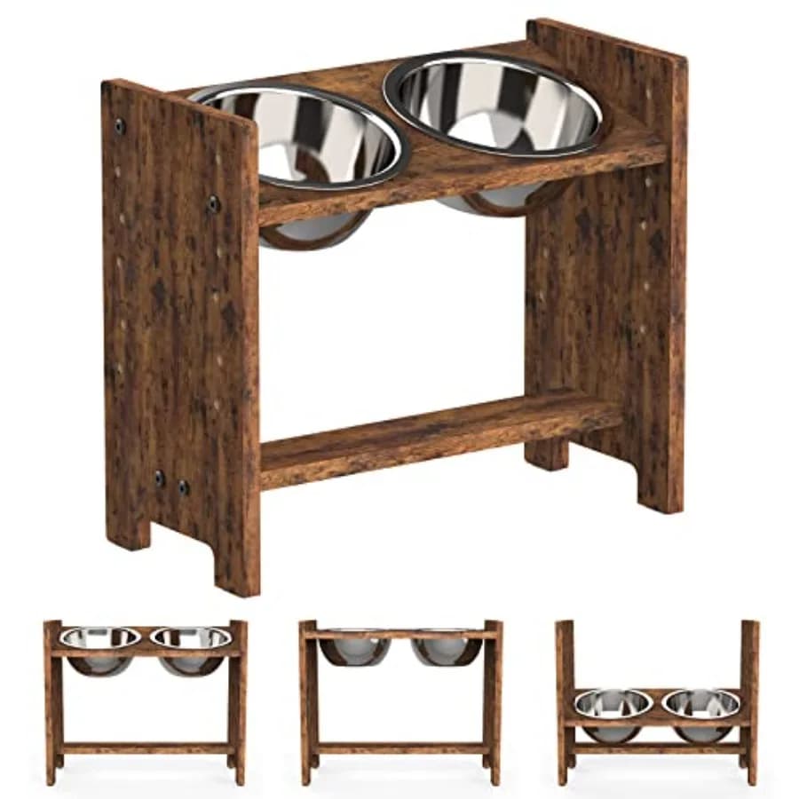 Elevated Dog Bowls, Adjustable Raised Dog Bowl Stand Sized Pet, Sturdy Particle Board Food Feeder with 2 Stainless Steel Dishes